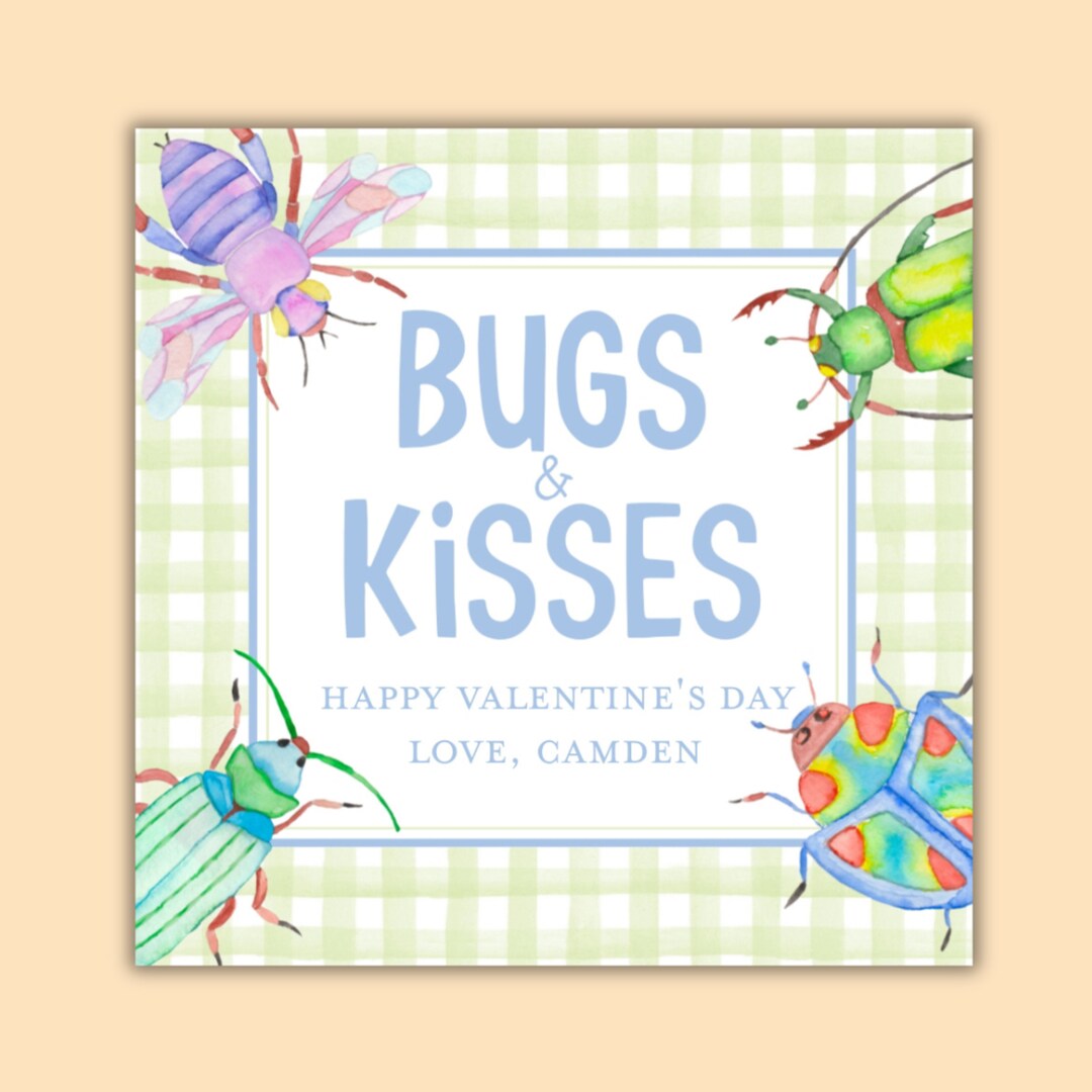 Printable Watercolor Bugs &amp; Kisses Valentine, Personalized Bug and ...