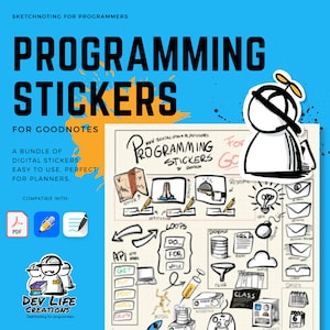 Könnte beinhalten: Ein Satz digitaler Sticker für Goodnotes mit Illustrationen zum Thema Programmierung. Die Sticker sind bunt und beinhalten Icons für Datenbanken, Schleifen, APIs und mehr. Der Text "Programming Stickers" ist auf dem Bild zu sehen.