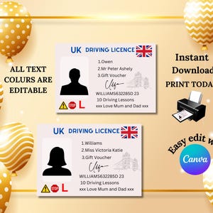 Vale de lecciones de conducción digital editable para imprimir en casa, regalo de conducción personalizado, tarjeta de regalo de lecciones de conducción, plantilla de descarga instantánea