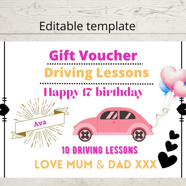 Driving Lesson Voucher Template Etsy