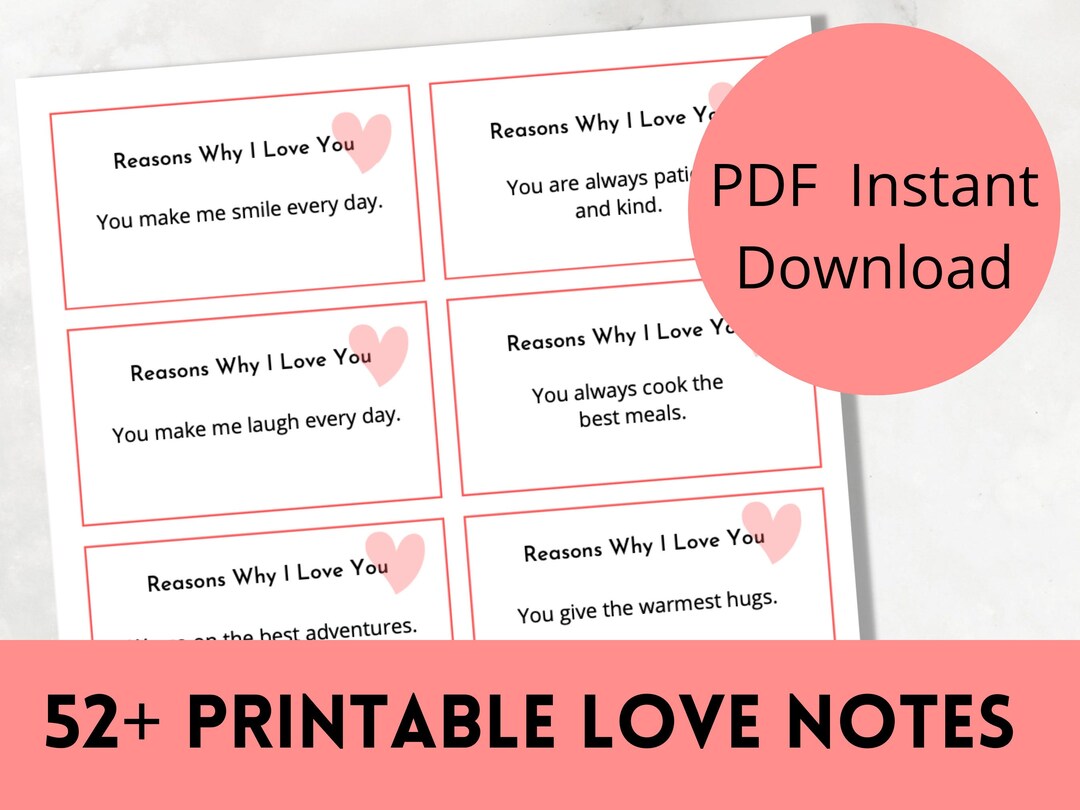 Reasons Why I Love You Love Notes Printable Instant Digital Download for Valentine's Day, Mother's Day, Lunch Boxes, 52 Weeks of Notes - Etsy