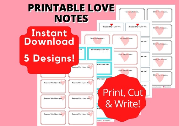 Printable Love Notes Template - Reasons Why I Love You - Digital Download for Anniversary, Valentine's Day, lunch boxes, boyfriend