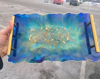 Large resin serving tray with handles / Peacock inspired resin tray / blue, purple, green, gold /resin coasters / home decor