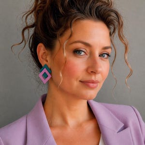 Big earrings colorful geometric studs statement petrol and lavender polymer clay earrings eye-catching rhombus ear studs