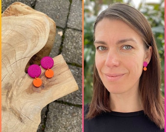 Polymer clay stud earrings of magenta and hot orange polymer clay, gift for her, fimo jewelry, small lightweight earrings