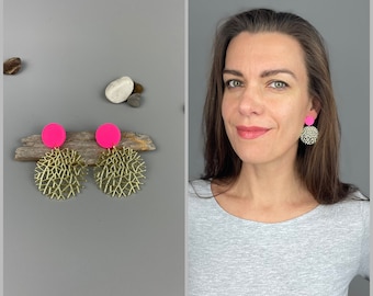 Statement earrings of hot pink polymer clay and alloy abstract round, colorful jewelry, boho earrings, gift for her