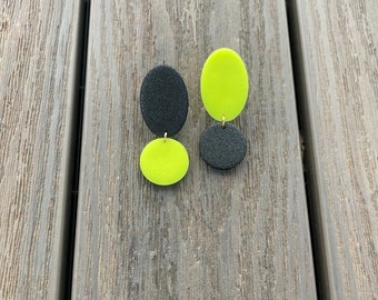 Mismatched geometric earrings, neon and black polymer clay, posts, gift for her, schmuck, multi colored ohrringe