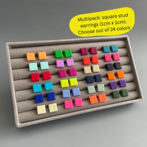 Ensemble de boucles d'oreilles puces carrées colorées, style néon, pour tous les jours. Boucles d'oreilles vibrantes en pâte polymère, style géométrique minimaliste, avec embouts en caoutchouc.