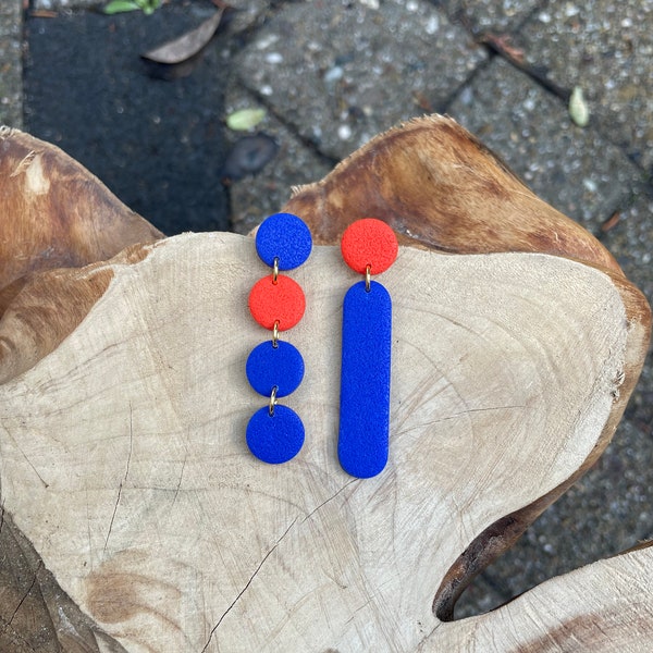 Mismatched earrings, electric blue and poppy red polymer clay, gift for her, jewelry, multi colored colorful earrings