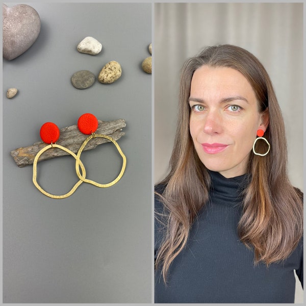 Statement earrings of poppy red polymer clay and brass irregular loops, fimo schmuck, non-bending nails