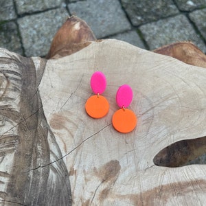 Small round stud earrings of neon fuchisa and neon orange polymer clay, gift for her, fimo jewelry