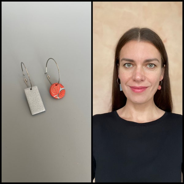 Asymmetric hoop earrings of metallic grey and abstract pattern polymer clay, stainless steel hoops, fimo schmuck