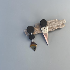Mismatched black polymer clay earrings golden geometric earrings asymmetric silver and black earrings for evening elegant hanging earrings