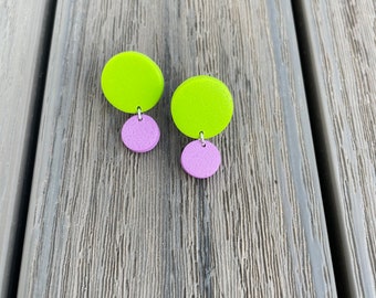Round stud earrings, lime green and lilac polymer clay, gift for her, schmuck, multi colored ohrringe