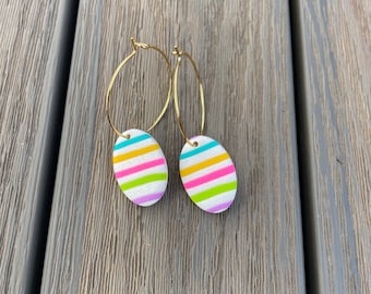 Polymer clay earrings, hot pink, lime green, blue, yellow, white, 18K gold plated, fimo jewelry