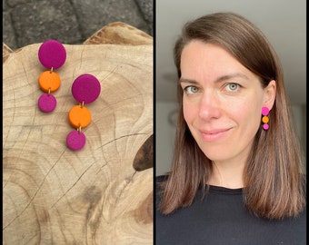 Boucles d'oreilles en argile polymère d'argile polymère magenta et orange, cadeau pour elle, bijoux en argile polymère, ongles non pliés