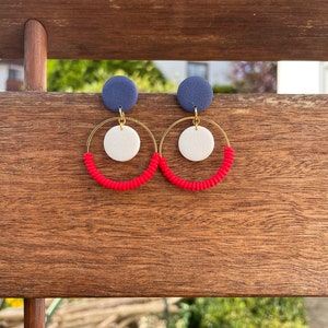 Nautical statement earrings, red, white and navy blue polymer clay and 18k gold plated circles