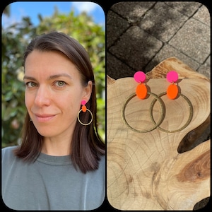 Neon hoop earrings, fuchsia and neon orange polymer clay, textured brass hoops, earrings, colorful jewelry, sparkle earrings