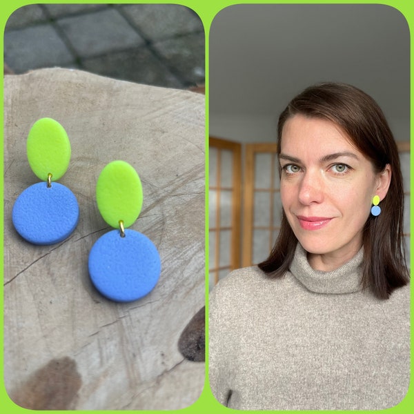 Small round stud earrings, neon blue and neon yellow polymer clay, posts, gift for her, schmuck, multi colored ohrringe