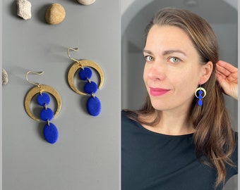 Statement earrings made of royal blue polymer clay and brass half moons, fimo jewelry, long elegant earrings