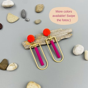 Statement Earrings Magenta Poppy Red Polymer Clay Matte Gold Geometric Fimo Jewelry Handmade Gift Modern Lightweight earrings Trendy long