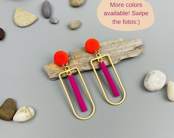 Pendientes llamativos de arcilla polimérica roja amapola magenta, oro mate, geométricos, fimo, joyería, regalo hecho a mano, modernos y ligeros, pendientes largos de moda.