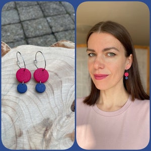 Polymer clay earrings, raspberry and navy blue polymer clay, birthday gift for her, stainless steel hoops, geometric earrings