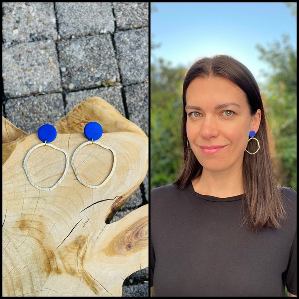 Statement earrings of electric blue polymer clay and brass irregular loops, fimo schmuck, non-bending nails