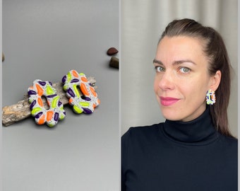 Irregular rectangle stud earrings made of granite and neon pattern polymer clay, gift for her, polymer clay jewelry, eye-catching