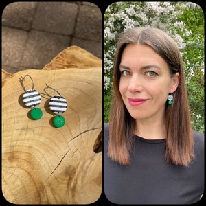 Hoop earrings of striped and green polymer clay, stainless steel hoops, geometric earrings, black and white stripes