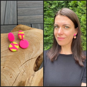 Small stud earrings of neon and hot pink abstract pattern polymer clay, gift for her, fimo jewelry, non-bending nails
