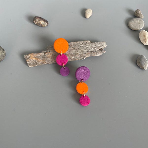 Mismatched earrings of orange, magenta and purple polymer clay, gift for her, fimo schmuck, multi colored ohrringe