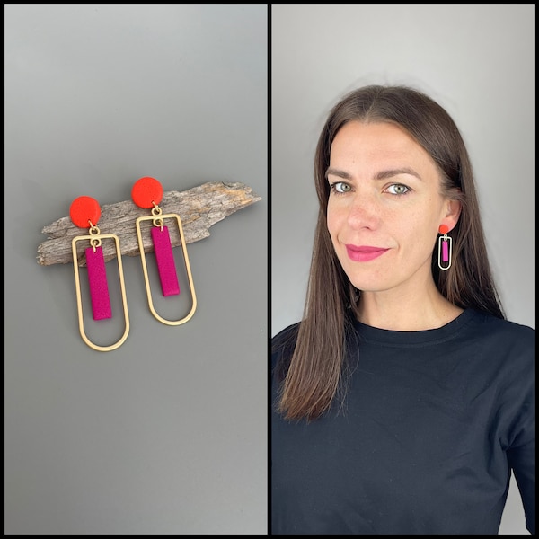 Statement earrings of magenta and poppy red polymer clay with alloy matt gold geometric charm, fimo schmuck