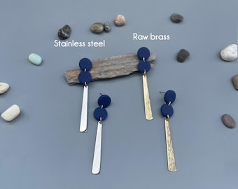 Navy blue earrings long brass polymer clay stainless steel blue hanging earrings fimo jewelry long elegant earrings navy blue and silver