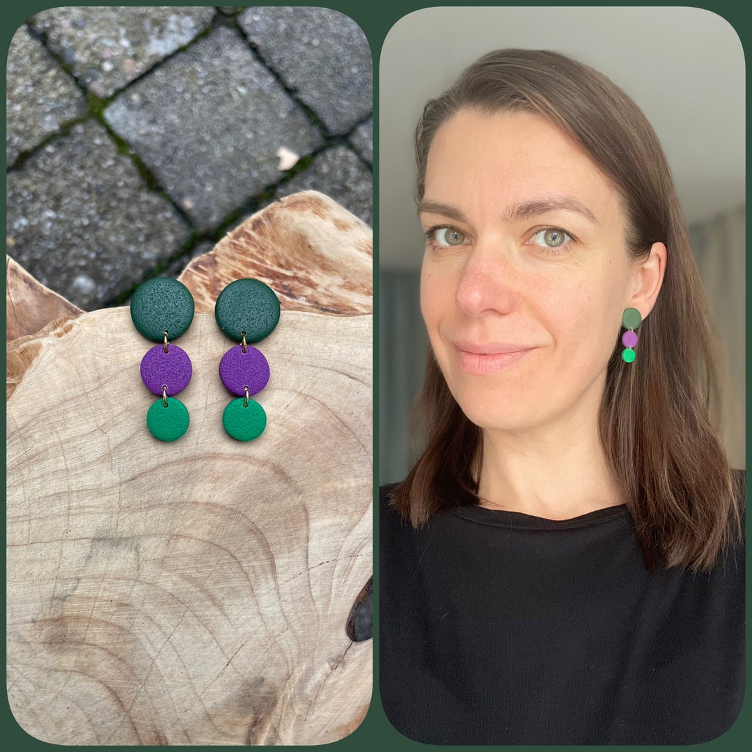 Polymer Clay Earrings of Green and Purple Polymer Clay, Gift for Her
