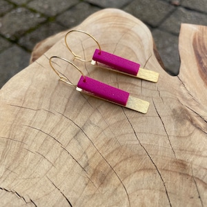 Hoop earrings magenta polymer clay raw brass elegant dangle earrings birthday gift gold plated hoops magenta earrings for every day