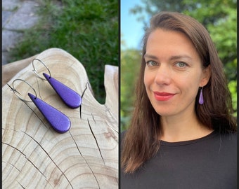 Teardrop earrings made of metallic purple resin coated polymer clay, gift for her, stainless steel hoops, polymer clay jewelry