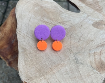 Polymer clay stud earrings, purple and neon orange  polymer clay, gift for her, schmuck, multi colored ohrringe