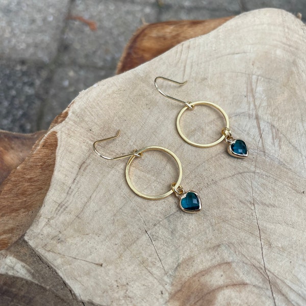 Minimalist earrings, blue glass mini hearts, birthday gift for her, 18K gold plated hoops, lightweight ohrringe