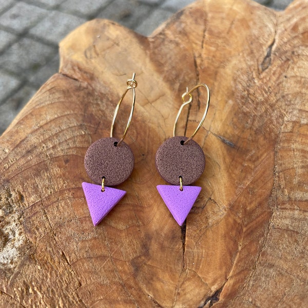 Polymer clay earrings, purple and pearl brown polymer clay, birthday gift for her, 18K gold plated schmuck, geometric ohrringe