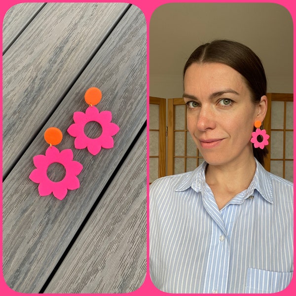 Flower statement earrings of neon fuchsia and  orange polymer clay, fimo schmuck, gift for her, hot pink, eye-catching