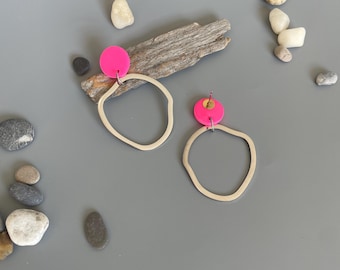 Hot pink statement earrings neon fuchsia polymer clay raw brass irregular circles stainless steel hanging earrings fimo jewelry bright pink