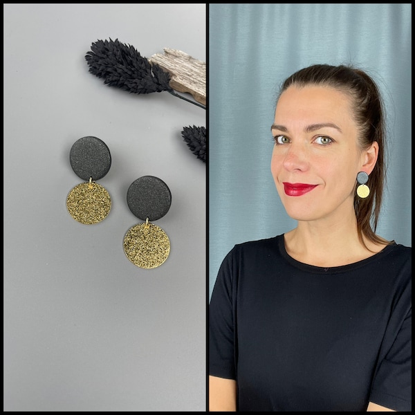 Black sparkly earrings of polymer clay and shimmer raw brass coin rounds, birthday gift for her, fimo schmuck