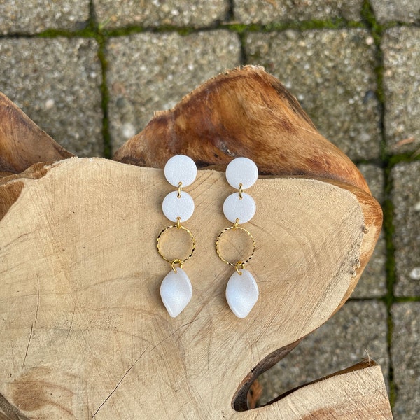 Wedding earrings, pearl white polymer clay,  gold plated circle, birthday gift for her, brautschmuck,  ohrringe