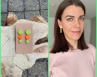 Polymer clay earrings, neon orange, neon green and striped polymer clay, gift for her, jewellery, multi colored earrings