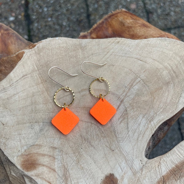 Neon orange earrings, polymer clay rhombus,  gold plated circle, birthday gift for her, schmuck,  ohrringe