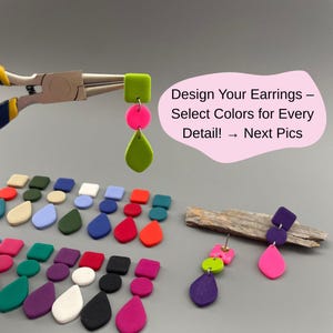 Könnte beinhalten: Handgefertigte Ohrringe in verschiedenen Formen und leuchtenden Farben, darunter Quadrate, Kreise und Tropfen. Die Farben umfassen Grün, Rosa und Lila. Der Text auf dem Bild lautet: Design Your Earrings - Select Colors for Every Detail! → Next Pics
