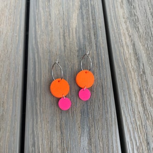 Bright earrings neon orange hot pink polymer clay stainless steel hoops lightweight eye-catching earrings orange and pink hoops minimalist
