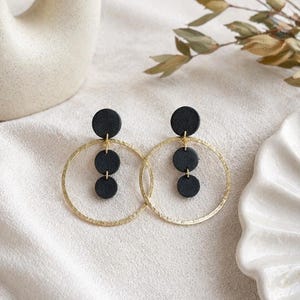 Big Earrings Shimmer Black Polymer Clay Brass Hoops Sparkly Dangle Earrings Non-Bending Nails Elegant Gift for Her Statement Earrings black