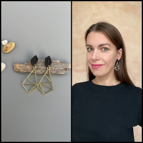 Long geometric earrings with black polymer clay studs, eye-catching, gold colored triangles, non-bending nails
